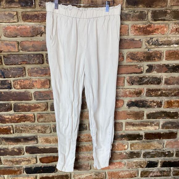 H&M Beige Slim Fit High Rise Paperbag Linen Blend Pull-On Pants Women's Size 8 - Picture 1 of 5